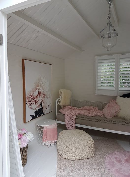 Pink, White shabby chic studio or she shed