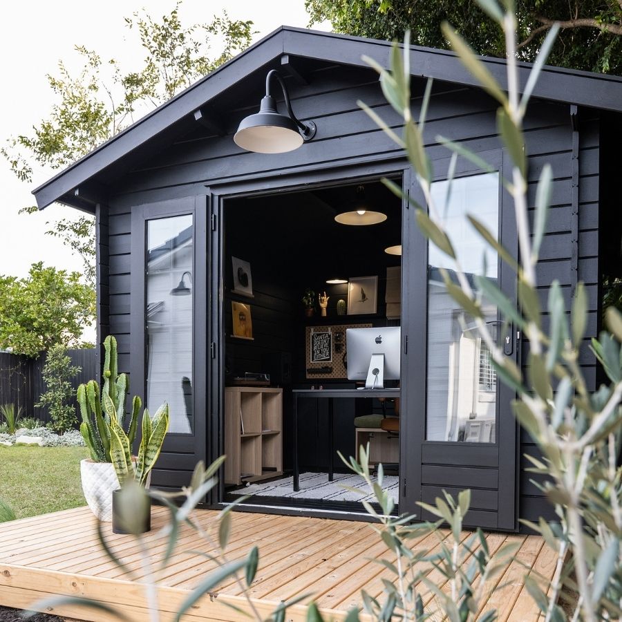 Black outside cabin used as a home office in Brisbane Queensland