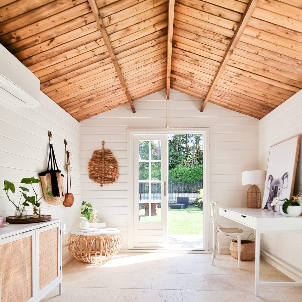 inside of Cabana shed with pool views and french doors